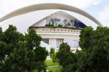 Sanat ve Bilim Şehri 'nde. Valencia 'da. Oşinografik. Bilim Müzesi. Hemisferik. Valencia 'da Palau de les arts. Santiago Calatrava tarafından tasarlanan binalar. Bir balinanın iskeletine benziyor..