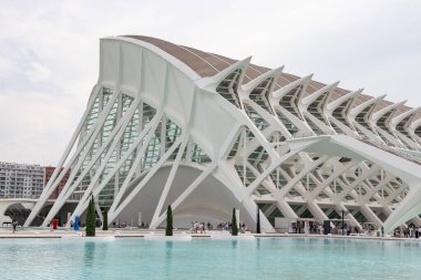Sanat ve Bilim Şehri 'nde. Valencia 'da. Oşinografik. Bilim Müzesi. Hemisferik. Valencia 'da Palau de les arts. Santiago Calatrava tarafından tasarlanan binalar. Bir balinanın iskeletine benziyor..
