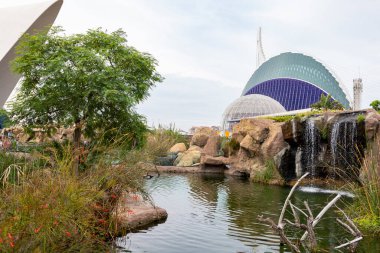 Sanat ve Bilim Şehri 'nde. Valencia 'da. Oşinografik. Bilim Müzesi. Hemisferik. Valencia 'da Palau de les arts. Santiago Calatrava tarafından tasarlanan binalar. Bir balinanın iskeletine benziyor..