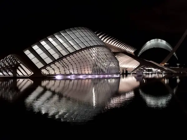 stock image City of Arts and Sciences. In Valencia. Oceanographic. Museum of Science. Hemispheric. Palau de les arts de Valencia. Buildings designed by Santiago Calatrava. It resembles the skeleton of a whale.