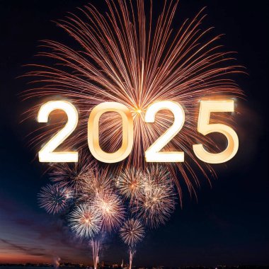 2025. Fireworks. Happy New Year 2025. Fireworks with the text 