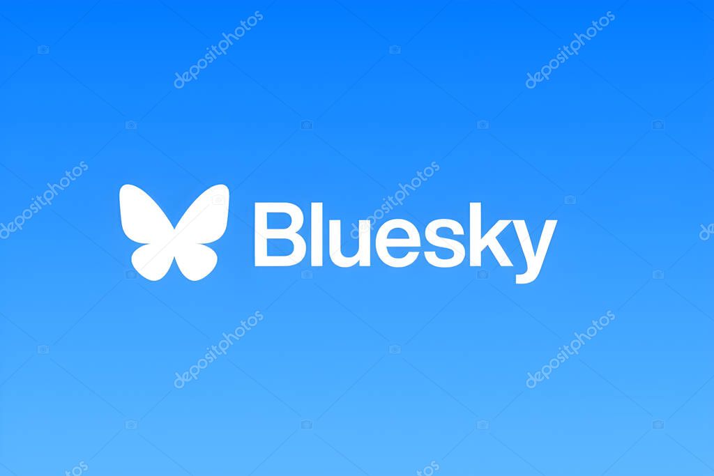 Bluesky. App. Possible replacement for X. Newspapers and people leaving the other social network and joining Bluesky. Logo. Design without background.