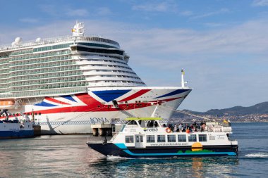 Cruise ship. Boat. Vacation and travel concept with a generic cruise ship sailing on the calm ocean. Luxury cruise liner. Cargo sea port and container terminal. Large cranes on a commercial dock. clipart