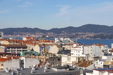 Vigo. View of the city of Vigo from Spain. View of the Atlantic coast. Atlantic Ocean. Background photo. Digital image. Panoramic view with drone. Aerial view of the port of the Spanish city of Vigo. clipart