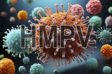 HMPV. Metapnömotorirüs. Virüs. Virüs 3 boyutlu görüntüleme. Tıbbi konsept. Covid 19. Grip. Hemorajik ateş. Kapalı. İnsan metafnömotorirüsü. Grip oldum. A B: Çin. Salgın. Çocuklar işte. Hindistan. Ocak. 2025.