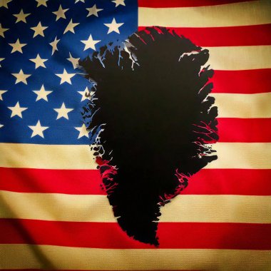 Greenland. USA. Silhouette of Greenland island on a map. USA flag in the background. Trump suggests economic or military pressure to gain control of Greenland or the Panama Canal clipart