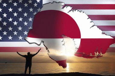 Greenland. USA. Silhouette of Greenland island on a map. USA flag in the background. Trump suggests economic or military pressure to gain control of Greenland or the Panama Canal clipart