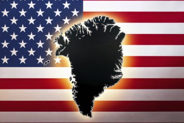 Greenland. USA. Silhouette of Greenland island on a map. USA flag in the background. Trump suggests economic or military pressure to gain control of Greenland or the Panama Canal clipart