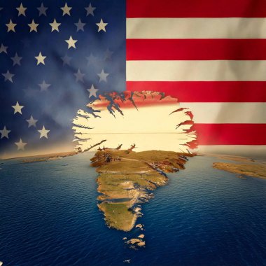 Greenland. USA. Silhouette of Greenland island on a map. USA flag in the background. Trump suggests economic or military pressure to gain control of Greenland or the Panama Canal clipart