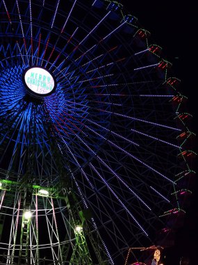 Dönme dolap. Noria. Vigo 'da Noel ışıkları, Pontevedra. Noel süsleri. Sokaklarda dolaşan turistler. Karanlığın içindeki dönme dolap neon renkleri gösteriyor. VIGO. İSPAN. 13 Aralık 2024.