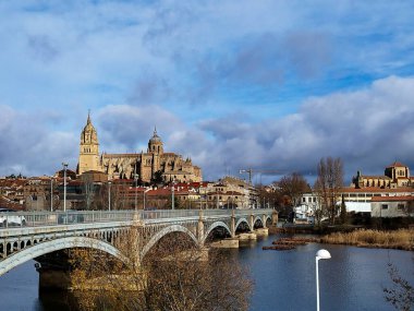 Salamanca. View of Salamanca and the Enrique Estevan bridge from the dock viewing point over the Tormes River. Traditional stone buildings. Salamanca Cathedral. SALAMANCA, SPAIN. 13 JANUARY 2025. clipart