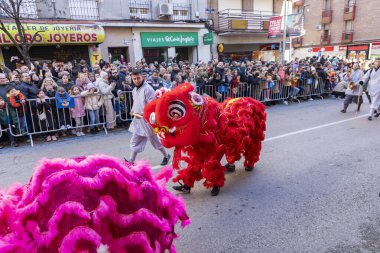 Happy Chinese New Year. 2025. Chinese lion dance performance on the streets. Chinese lion costumes during Chinese New Year celebration in China. celebrations concept. clipart