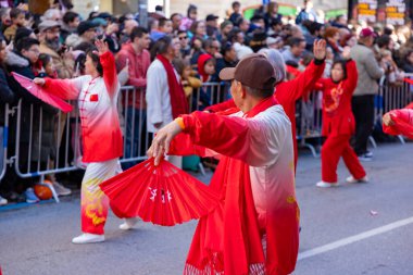 Happy Chinese New Year. 2025. Chinese lion dance performance on the streets. Chinese lion costumes during Chinese New Year celebration in China. celebrations concept. clipart