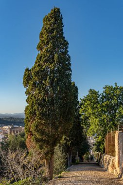 Günbatımında kırsal kaldırım taşı yolu, Majorcan kasabası Felanitx, İspanya