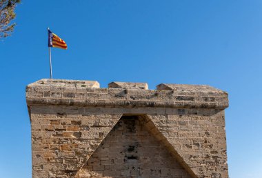 General view of the medieval castle of Punta de n'Amer, at sunrise. Island of Mallorca, Spain