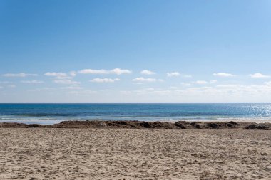 Beach of the Mallorcan tourist resort of Sa Coma at sunrise, without people. Spain