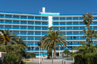 Sa Coma, Spain; february 17 2023: Main facade of the hotel THB Sa Coma Platja, a sunny morning. Island of Mallorca, Spain