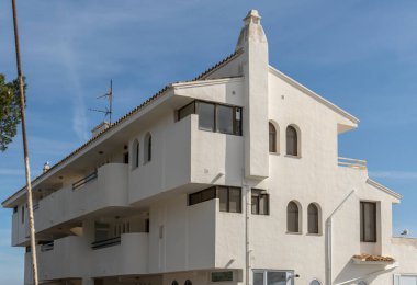 Magaluf, Spain; february 19 2023: Main facade of a white hotel closed. Magaluf, island of Mallorca, Spain