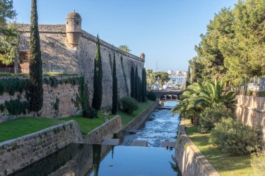İspanya 'nın gün doğumunda Palma de Mallorca kentindeki Sa Riera parkının genel manzarası