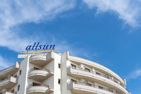 stock image Sa Coma, Spain; june 03 2023: Main facade of the hotel Allsun Orient Beach in the Majorcan tourist resort of Sa Coma, Spain