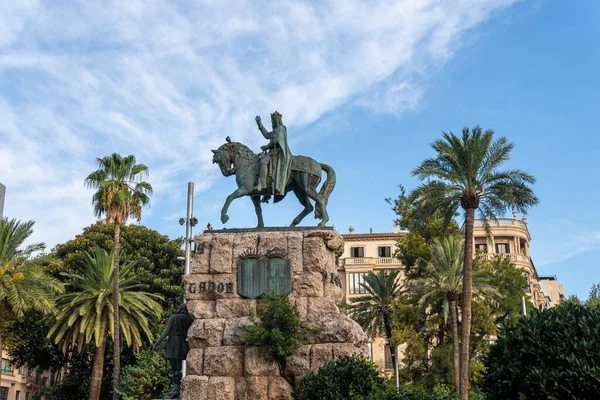 Bronze sculpture of King Jaume I riding a horse in the Plaza de Espana in Palma de Mallorca, Spain