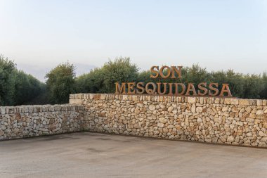 Felanitx, İspanya; Ekim 09: 2023: Güneş doğarken Mallorca adasının iç kısımlarında Son Mesquida 'nın zeytin bahçesi ve zeytin bahçesi. İspanya