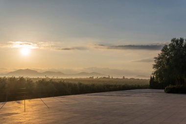 Güneşli bir sonbahar sabahı Mallorca adasının iç kesimlerinde gün doğumu. İspanya
