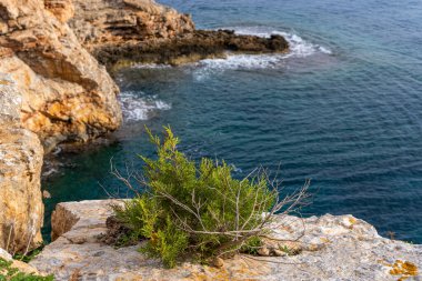 İspanya 'nın Portocolom kentinin kayalık kıyılarının havadan görünüşü