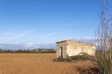 Güneşli bir sabahta Mallorca adasının iç kısımlarında terk edilmiş eski bir kır evinin olduğu genel manzara. Felanitx, Mallorca Adası, İspanya