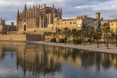 Güneşli bir kış gününde gün batımında Palma de Mallorca katedralinin genel manzarası. Mallorca Adası, İspanya