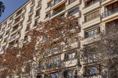 Palma de Mallorca, İspanya; 12 Ocak 2024: İspanya 'nın tarihi merkezi Palma de Mallorca' da güneşli bir sabahta konut binası