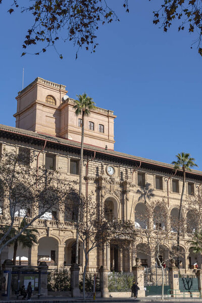 Palma de Mallorca, Spain; january 12 2024: Main facade of the Ramon Llull high school in the center of Palma de Mallorca on a sunny morning, Spain