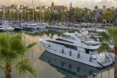 Palma de Mallorca, İspanya; 17 Ağustos 2024: Şatafatlı yatlar gün doğumunda Palma de Mallorca marinasında demirlemiş. Balear Adaları, İspanya