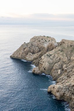 İspanya 'nın Balearic Adaları' ndaki Mallorca adasında çam ağaçları ile kayalık sahilde gün doğumu