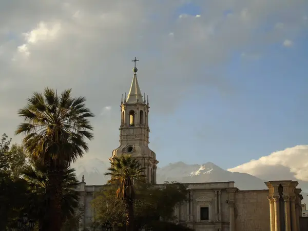 Peru 'daki Arequipa kilisesinde gökyüzüne karşı palmiye ağaçları ve And Dağları zemin olarak kullanılıyor..