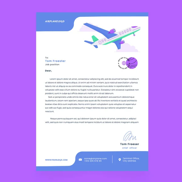 Plantilla Carta Cubierta Avión Folleto Limpio Forma Corporativa Única Folleto — Vector de stock