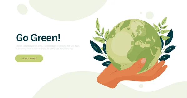 Earth Ecology Conception Hand Holding Globe Leaves Eco Green Modern — 스톡 벡터