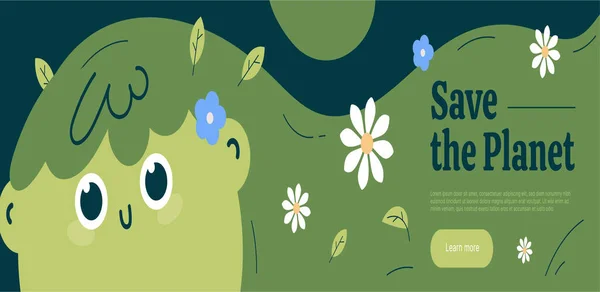 卡通地球生态网页的概念 可爱的绿色女孩与花卉在头发 拯救地球横幅设计 矢量说明 — 图库矢量图片