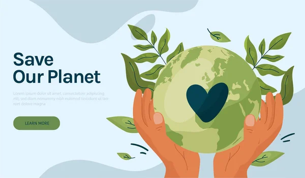 Cartoon Earth Ökologie Konzept Speichern Planet Web Design Konzept Hände — Stockvektor