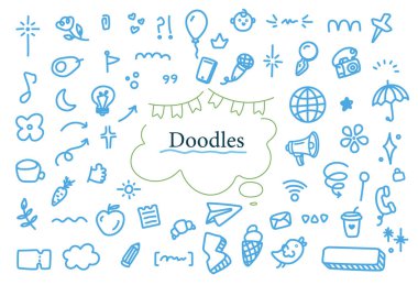 Şirin çizgi karalama dekorasyon elemanları ayarlandı. Web işareti, kuş, kalem, çiçek süslemesi. Soyut sanat arkaplan vektörü