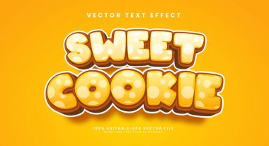 Tatlı kurabiyeler 3D düzenlenebilir metin etkisi. Atıştırmalık ürün için çizgi film metin biçimi.
