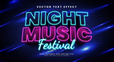 Gece müzik festivali 3D düzenlenebilir vektör metin efekti, neon ışık tarzıyla.