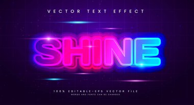 Neon düzenlenebilir metin efektini parlat. Parlak renkler ve modern teknolojik konsept içeren vektör metin efekti.