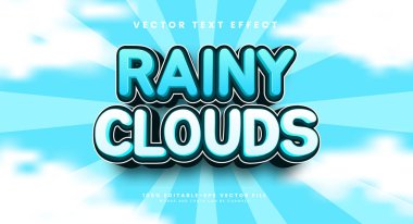 Yağmurlu bulutlar düzenlenebilir metin biçimi etkisi. Yağmur mevsimi teması için mavi ile vektör metin efekti.