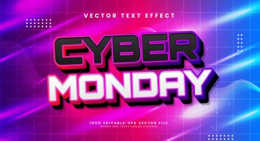 Parlayan siber pazartesi düzenlenebilir metin etkisi. Parlak renk gradyanı ve modern teknoloji tarzıyla vektör metin efekti.
