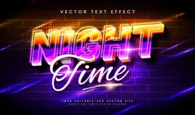 Gece vakti neon ışıklı tema, düzenlenebilir vektör metin efekti. Gece partisi için uygun..