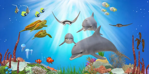 Underwater sea illustration with dolphins, turtles and tropical fishes.