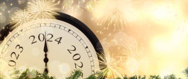 New Year's Eve 2024 concept. Clock hands on year number 2024. Gold magic background with fireworks and blurred lights. clipart
