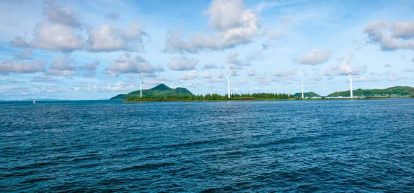 Panoramic Sea View Wind Turbines Coastline Seychelles — Stock Photo, Image