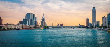 Gün batımında Rotterdam silueti. Panoramik görünüm.